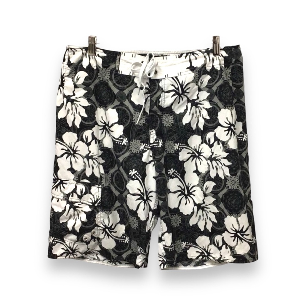 Mission Bay Mens 11” Unlined Surf/Swim Board Shorts, Black Floral, size 36